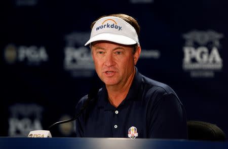 Jul 26, 2016; Springfield, NJ, USA; Davis Love III speaks to the media during a practice round for the 2016 PGA Championship golf tournament at Baltusrol GC - Lower Course. Brian Spurlock-USA TODAY Sports