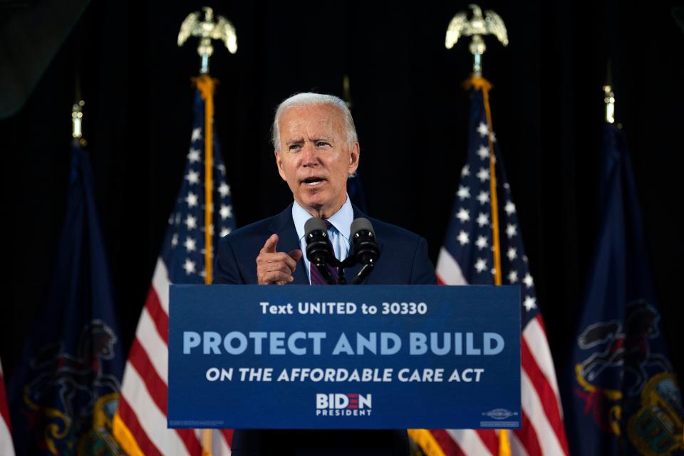 Democratic presidential candidate Joe Biden delivers remarks after meeting with Pennsylvania families who have benefited from the Affordable Care Act on June 25, 2020 in Lancaster, Pennsylvania. - Biden has largely remained off the campaign trail and in his Delaware home since mid-March due to the pandemic, although he has begun participating in small-scale events. (Photo by JIM WATSON / AFP) (Photo by JIM WATSON/AFP via Getty Images)