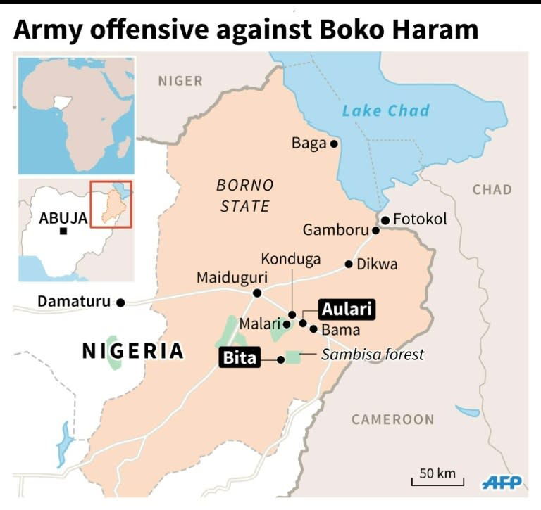 Map of Borno State in northern Nigeria shows the latest army operation against Boko Haram