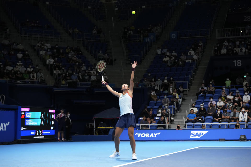 Zheng Qinwen of China serves against Veronika Kudermetova of Russia during their singles semifinal match in the Pan Pacific Open tennis championships at Ariake Colosseum Saturday, Sept. 24, 2022, in Tokyo. (AP Photo/Eugene Hoshiko)