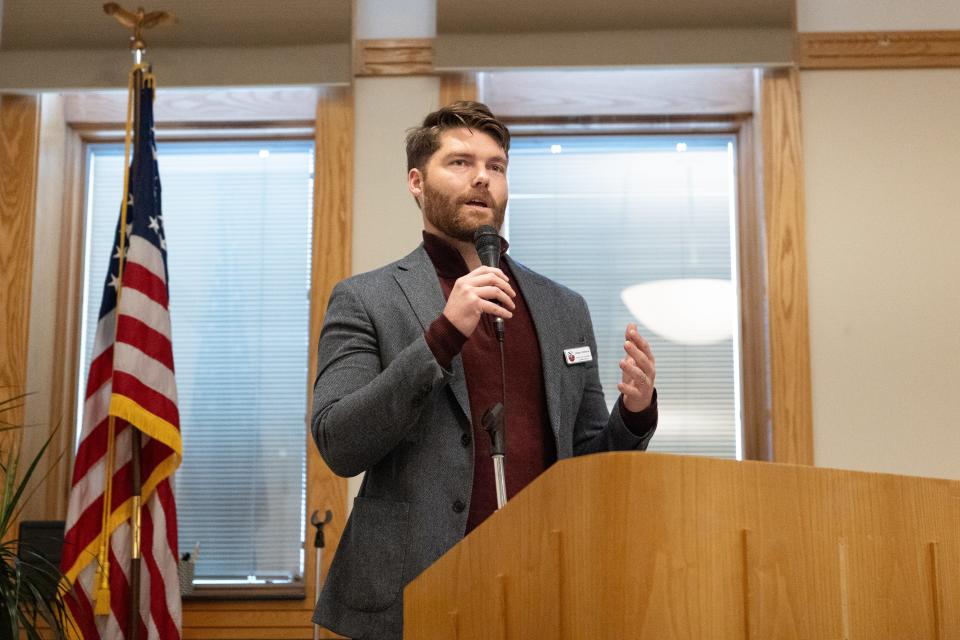 Jordan Jorritsma, a Republican and District 2 candidate speaks at the League of Women Voters Meet and Greet on April 18, 2024.