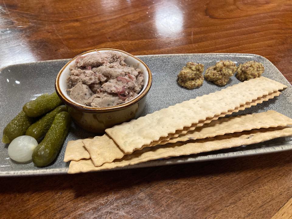 A plate of 5th Quarter rillettes at the Lawson's Finest Liquids taproom in Waitsfield on Jan. 23, 2024.