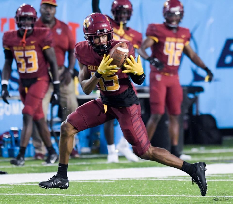 Then-Tuskegee wide receiver Antonio Meeks (15) catches a long pass against the Fort Valley State Wildcats during the Red Tails Classic at Cramton Bowl in Montgomery, Ala., on Sunday September 3, 2023.