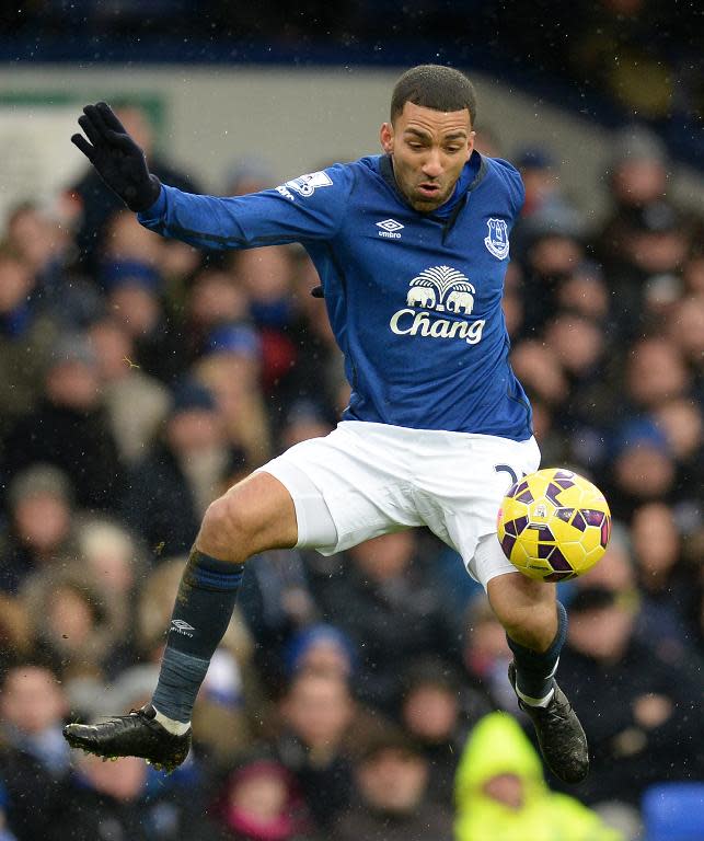 Everton's English midfielder Aaron Lennon in action during the English Premier League football match between Everton and Leicester City in Liverpool, England on February 22, 2015