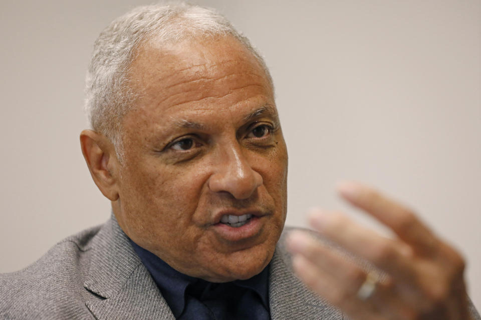 Mississippi Democrat Mike Espy explains, Tuesday, Nov. 12, 2019, at his Jackson, Miss., office, how he is using data to help him pursue votes in a run for the U.S. Senate against Republican incumbent Cindy Hyde-Smith, setting up a 2020 rematch of their 2018 special election to fill the last two years of retired Republican Sen. Thad Cochran's six-year term. Espy announced Tuesday that he's running again for U.S. Senate in Mississippi. (AP Photo/Rogelio V. Solis)