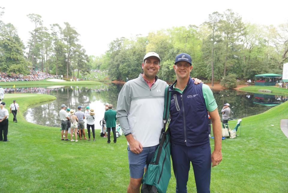 Best friends Cory Guzzo and PGA golfer Hudson Swafford at Augusta National Golf Course, home to the Masters Tournament.