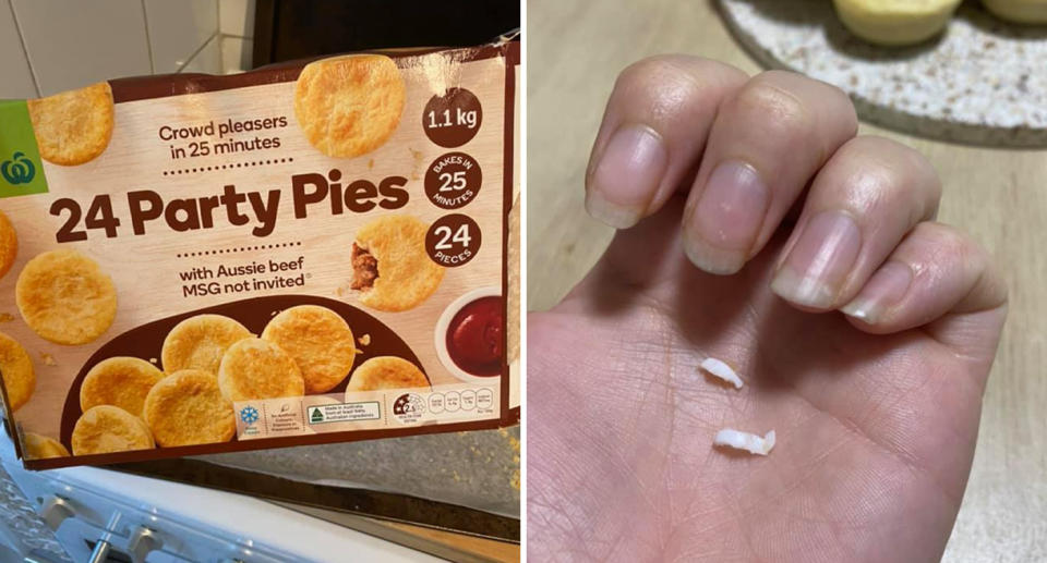 Woolworths brand party pies and the plastic bits found inside a pack.