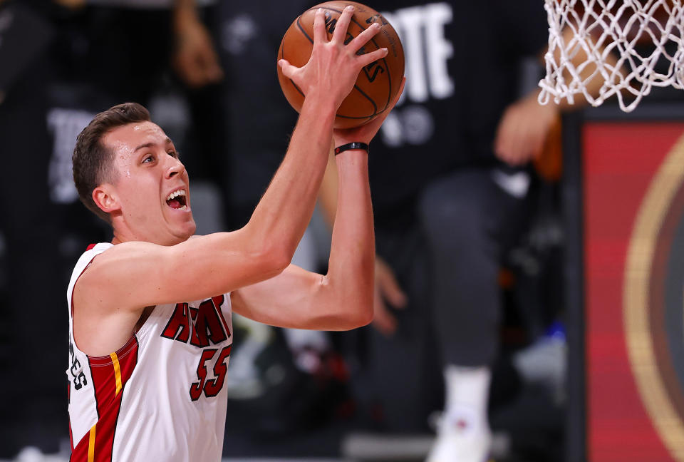 LAKE BUENA VISTA, FLORIDA - SEPTEMBER 25: Duncan Robinson #55 of the Miami Heat drives to the basket during the first quarter against the Boston Celtics in Game Five of the Eastern Conference Finals during the 2020 NBA Playoffs at AdventHealth Arena at the ESPN Wide World Of Sports Complex on September 25, 2020 in Lake Buena Vista, Florida. NOTE TO USER: User expressly acknowledges and agrees that, by downloading and or using this photograph, User is consenting to the terms and conditions of the Getty Images License Agreement.  (Photo by Mike Ehrmann/Getty Images)