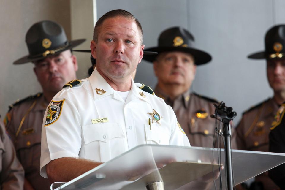 St. Lucie County Sheriff Keith Pearson speaks during a press conference following the death of Florida Highway Patrol Trooper Zachary Fink, Friday, Feb. 2, 2024, in Port St. Lucie at Christ Fellowship Church. Fink was in pursuit of a fleeing felon, when he collided with a semi-truck on I-95, FHP officials said. The truck driver died at the scene. Fink, 26, was taken to HCA Lawnwood Hospital in Fort Pierce, where he died.