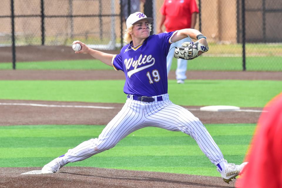 Abilene Wylie's Sam Walker (19) pitches against Plainview in the Class 5A bi-district baseball game, Saturday, May 6, 2023, in Plainview.