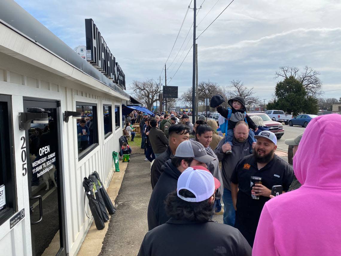 The opening-day line at Hurtado Barbecue in downtown Arlington.