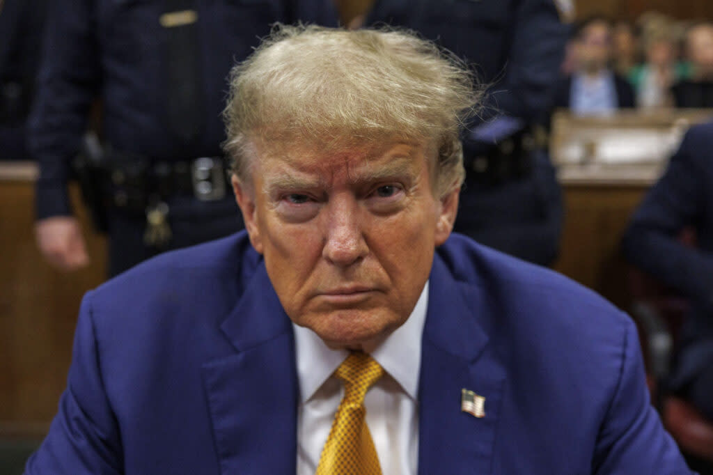 Former U.S. President Donald Trump attends his trial for allegedly covering up hush money payments at Manhattan Criminal Court on May 7, 2024, in New York City. Trump has been charged with 34 counts of falsifying business records, which prosecutors say was an effort to hide a potential sex scandal, both before and after the 2016 presidential election. Trump is the first former U.S. president to face trial on criminal charges.