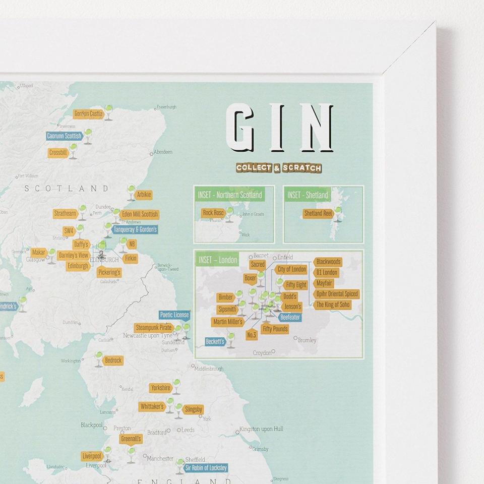 <p>This silk art print with scratch coating<span> enables you to s</span>cratch off the distilleries you have visited, or even just the gins you have tried. Once scratched you can identify the distilleries you are yet to visit and travel to find them, or simply source the gin to taste. <br></p><p><strong>BUY NOW: </strong><strong><a rel="nofollow noopener" href="https://www.amazon.co.uk/Scratch-Off-Gin-Distilleries-Print/dp/1912203952" target="_blank" data-ylk="slk:Scratch Off UK Gin Distilleries Print by Maps International, £9.49, Amazon;elm:context_link;itc:0;sec:content-canvas" class="link ">Scratch Off UK Gin Distilleries Print by Maps International, £9.49, Amazon</a></strong></p>