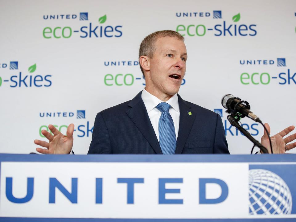 FILE PHOTO: United Airlines president Scott Kirby speaks before the departure of the 