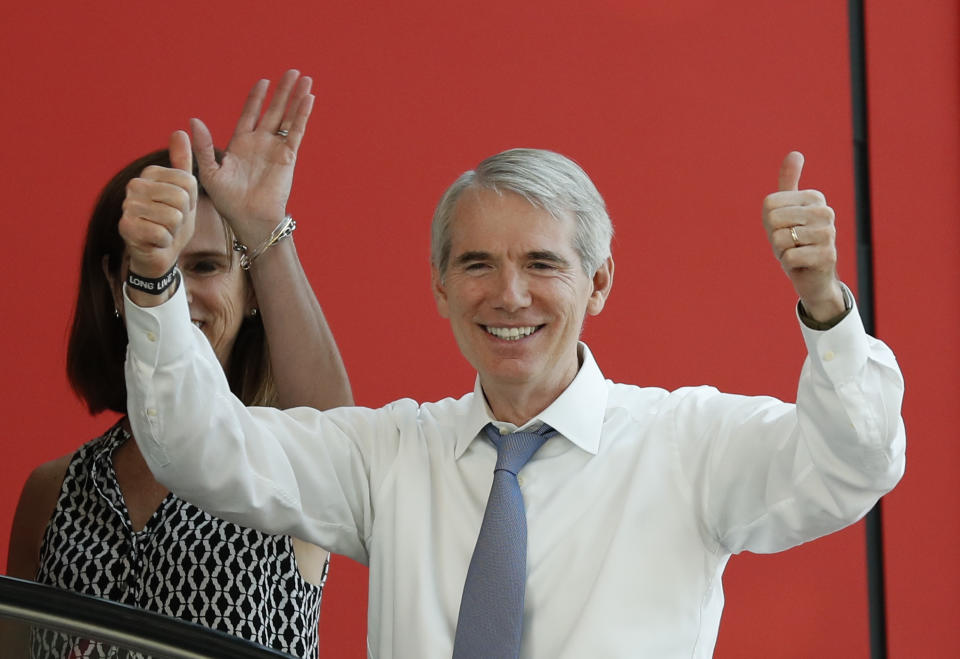 Sen. Rob Portman arrives at the The Rock and Roll Hall of Fame and Museum in Cleveland, during the second day of the Republican convention. (Photo: Alex Brandon/AP)