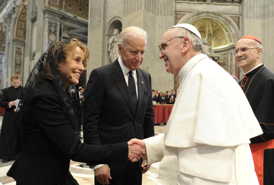 FILE - In this March 19, 2013, file photo, provided by the Vatican paper L'Osservatore Romano, Pope Francis meets Vice President Joe Biden and his sister, Valerie Biden Owens, after his installation Mass at the Vatican. Biden is scheduled to meet with Pope Francis this coming Friday at the Vatican. (AP Photo/L'Osservatore Romano, File)