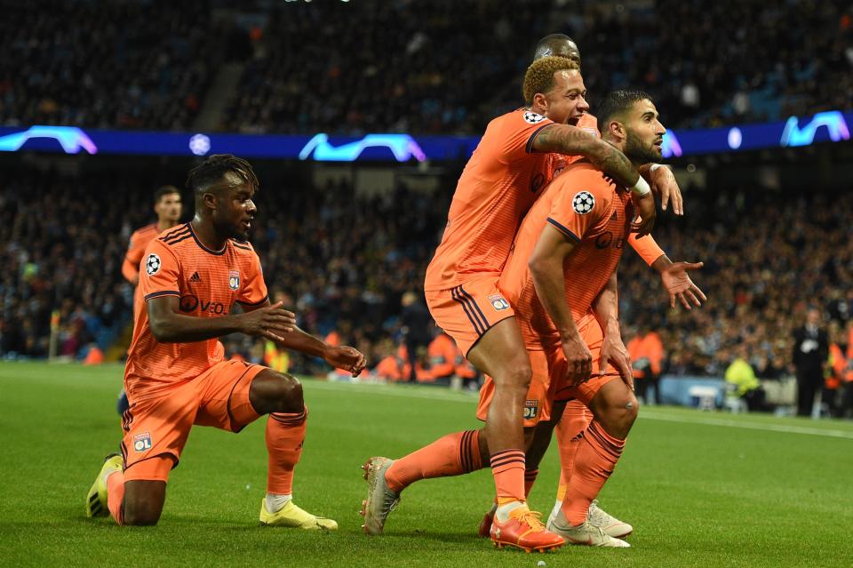 Nabil Fekir celebrates putting Lyon 2-0 up against Man City