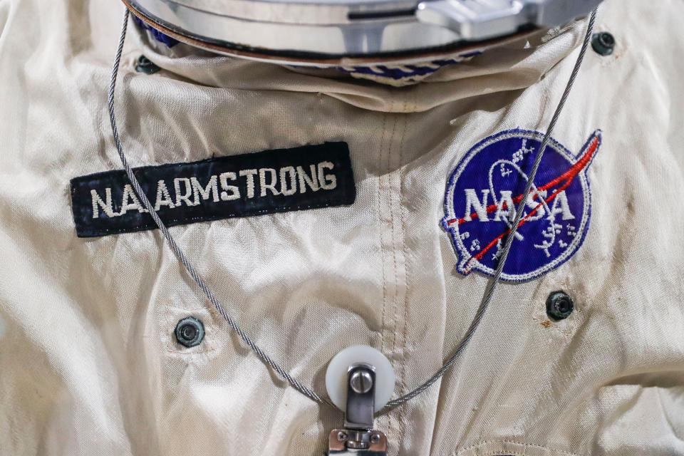 Patches adorn the spacesuit worm by astronaut Neil Armstrong for the Gemini VIII mission at the Armstrong Air & Space Museum, Wednesday, June 26, 2019, in Wapakoneta, Ohio.  Neil Armstrong helped put Wapakoneta  on the map July 20, 1969, when he became the first human to walk on the moon.