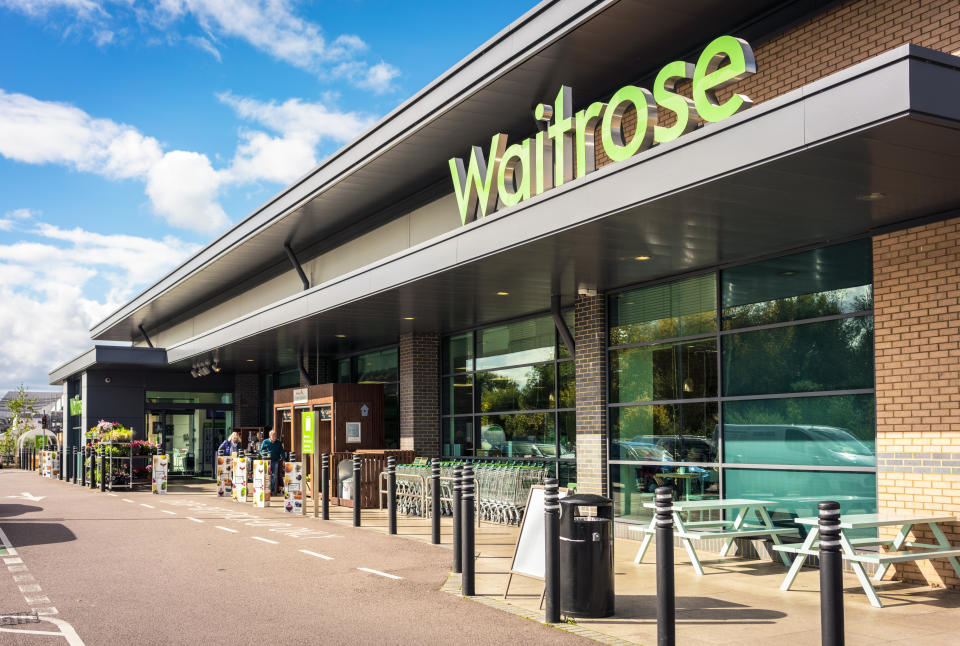 Bedford, UK - People outside the main entrance of a Waitrose supermarket in the English town of Bedford.