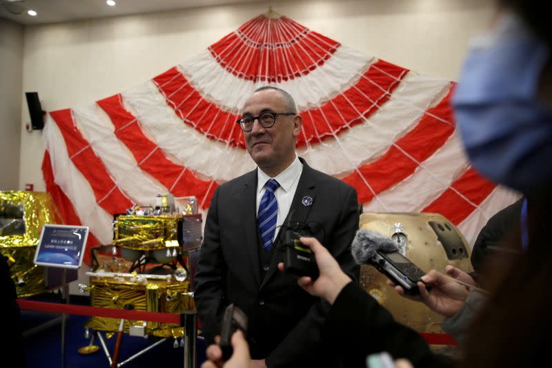 Space Counsellor and CNES Representative to the French Embassy in China Norbert Paluch attends an interview with media reporters at an event on China’s lunar exploration program, in the National Astronomical Observatories of Chinese Academy of Sciences,