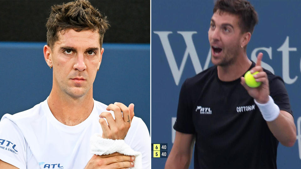 Thanasi Kokkinakis during the change over and Kokkinakis arguing with the chair umpire.