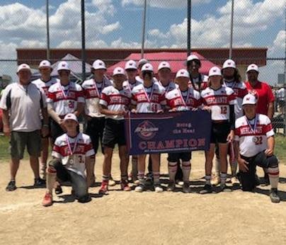 Members of the Marion Merchants 16U baseball team are, kneeling from left, Elijah Sayre and Cooper Dreibelbus; and standing from left, head coach C.J. Allen, Maddox McGuire, Jake Chapman, Aiden Hines, Steven Castillo, Caden Fritz, coach Luke McGuire, Bradley Pennington, Luke Blum, Austin Allen, Tracey Watson, Wyatt Frazier, Derek Prosser and assistant coach Brian Dreibelbus. Not pictured is assistant coach Jim Blum.