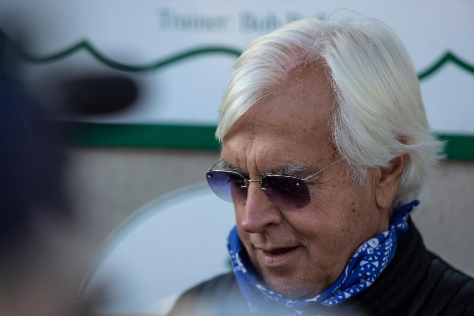 Medina Spirit's trainer Bob Baffert talks with the media during 2021 Kentucky Derby week. Medina Spirit tested positive for an abundance of an anti-inflammatory drug following the race on April 26, 2021.