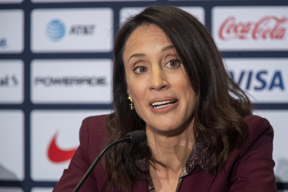 FILE - Kate Markgraf, general manager of the United States women's national soccer team, speaks during a news conference Monday, Oct. 28, 2019, in New York. (AP Photo/Mary Altaffer, File)