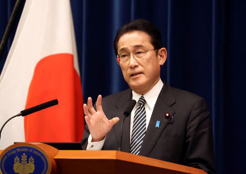 FILE PHOTO: Japanese Prime Minister Fumio Kishida speaks before the media at his official residence in Tokyo