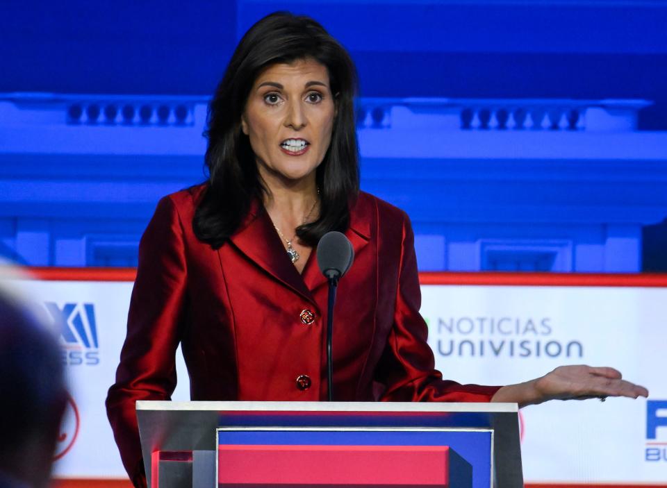 Nikki Haley, former South Carolina governor, during the Republican primary candidates debate in California.