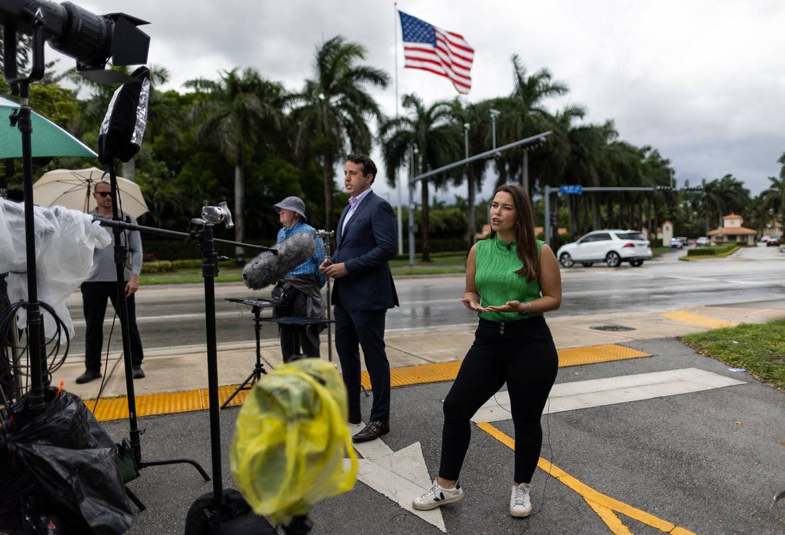 News reporters stand outside of Trump National Doral on Monday, June 12, 2023, in Doral, Fla., as they await the arrival of former President Donald Trump. He arrived Monday afternoon, a day before his court date in Miami on Tuesday. MATIAS J. OCNER/mocner@miamiherald.com