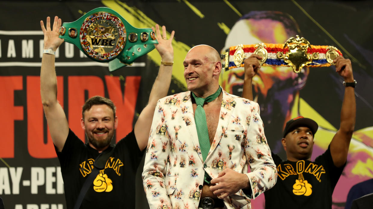 Tyson Fury during the post-fight press conference at the MGM Grand, Las Vegas. (Photo by Bradley Collyer/PA Images via Getty Images)