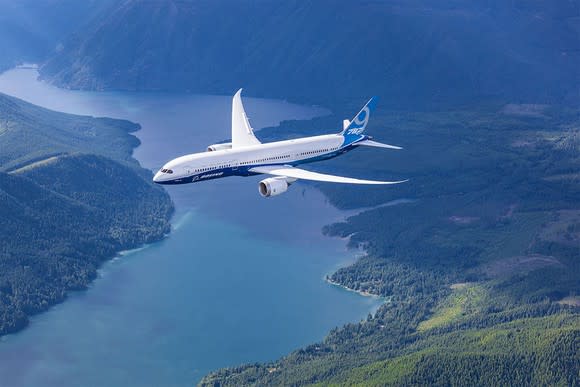 A Boeing 787-9 flying over a river