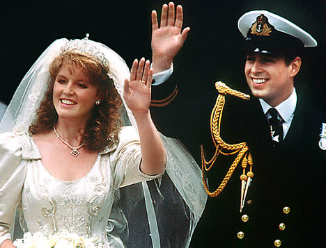 When Sarah Ferguson wed Prince Andrew in 1986, she wore a froufrou frock designed by Lindka Cierach made of ivory duchesse satin with a 17-foot train.