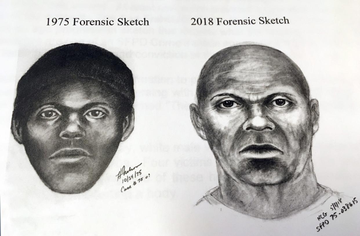 This pair of sketches provided by the San Francisco Police Department shows what a serial killer might look like now in a cold case involving at least five stabbing deaths of gay men in the mid-1970s in San Francisco. 