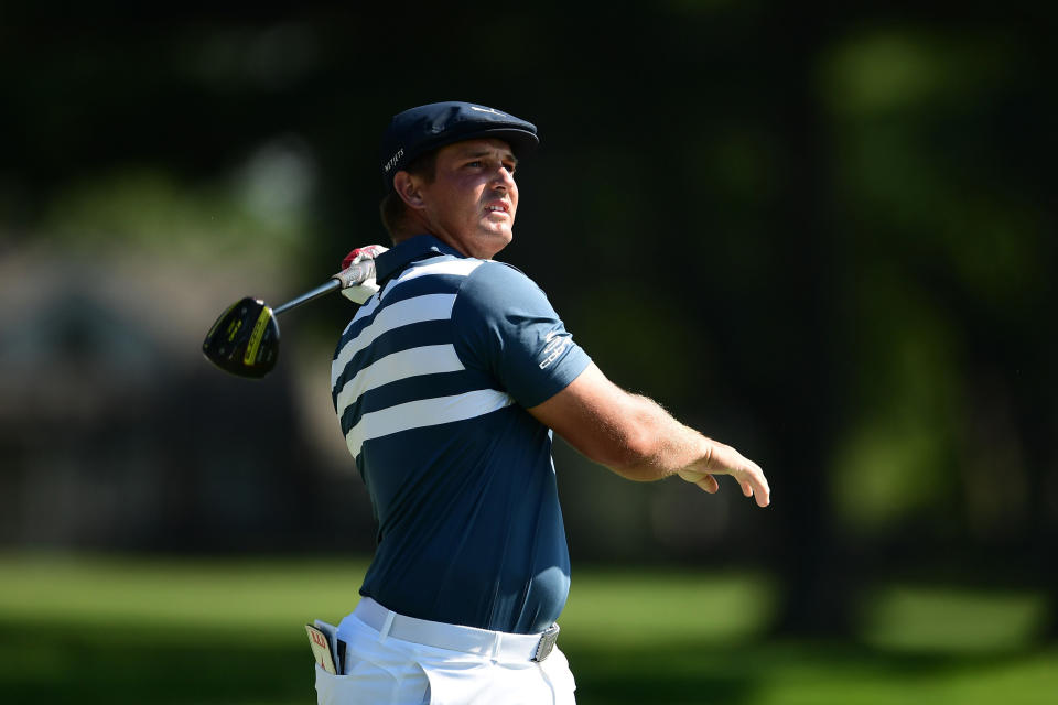 DETROIT, MICHIGAN - JULY 05: Bryson DeChambeau of the United States plays his shot from the 14th tee during the final round of the Rocket Mortgage Classic on July 05, 2020 at the Detroit Golf Club in Detroit, Michigan. (Photo by Stacy Revere/Getty Images)