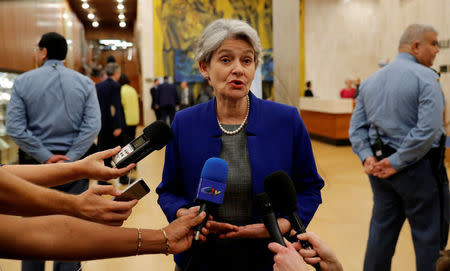 Irina Bokova, Director General of UNESCO, talks to journalists at the headquarters of the United Nations Educational, Scientific and Cultural Organization (UNESCO) in Paris, France, October 12, 2017. REUTERS/Philippe Wojazer