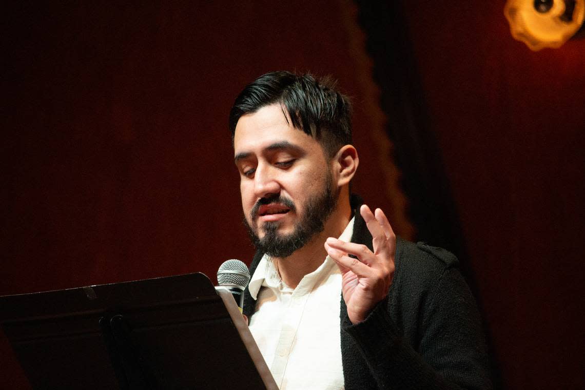 TCU theater professor Thomas Chavira performs a monologue as part of the play “For the Love of Uvalde: A Play Inspired by the May 24, 2022 Robb Elementary School Shooting in Uvalde, TX.”