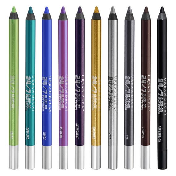 Add a fun twist to your eye makeup game with a colorful, metallic liner. These pencils from Urban Decay apply with ease and are totally sweat-proof. Urban Decay 24/7 Glide-On Eye Pencil in Deep End and Scorch ($20 each)