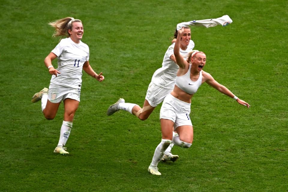 Chloe Kelly celebrates scoring England’s second goal during the Women’s Euro final against Germany at Wembley. The host nation won the match 2-1 (EPA)