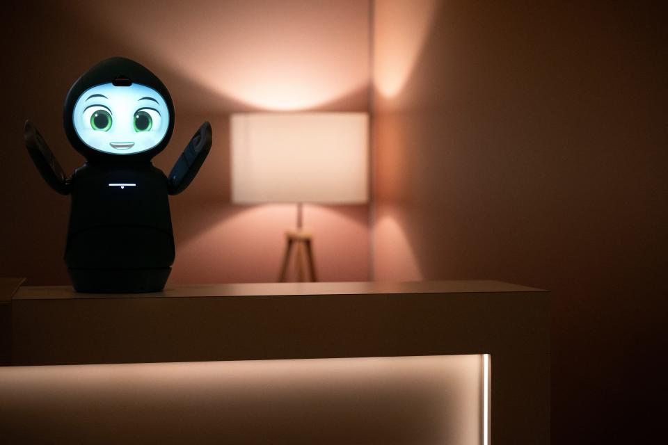 The Moxie Robot from Embodied, Inc., which will be updated with AI, is seen in selfie mode during a demonstration at the Venetian Resort during the Consumer Electronics Show (CES) in Las Vegas, Nevada on January 8, 2024.