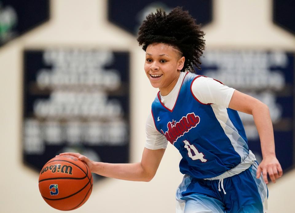 Junior All-Star Jordyn Poole (4) rushes up the court Wednesday, June 7, 2023, during the Indiana All-Stars vs. Juniors girls game at Cathedral High School in Indianapolis. 