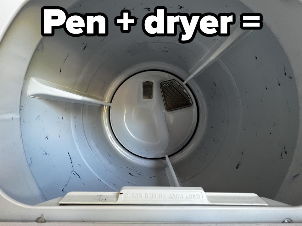 ink on the inside of a dryer and the words "pen + dryer ="