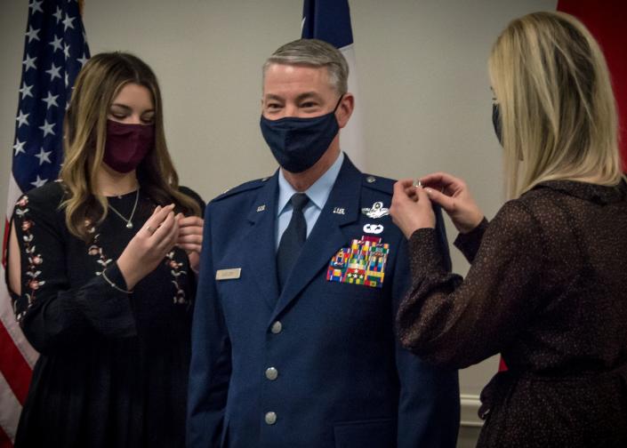 Texas Air National Guard Maj. Gen. Thomas M. Suelzer celebrates his promotion among family and friends January 23, 2021, at Naval Air Station Joint Reserve Base Fort Worth, Texas. (Lynn M. Means/Texas Air National Guard)