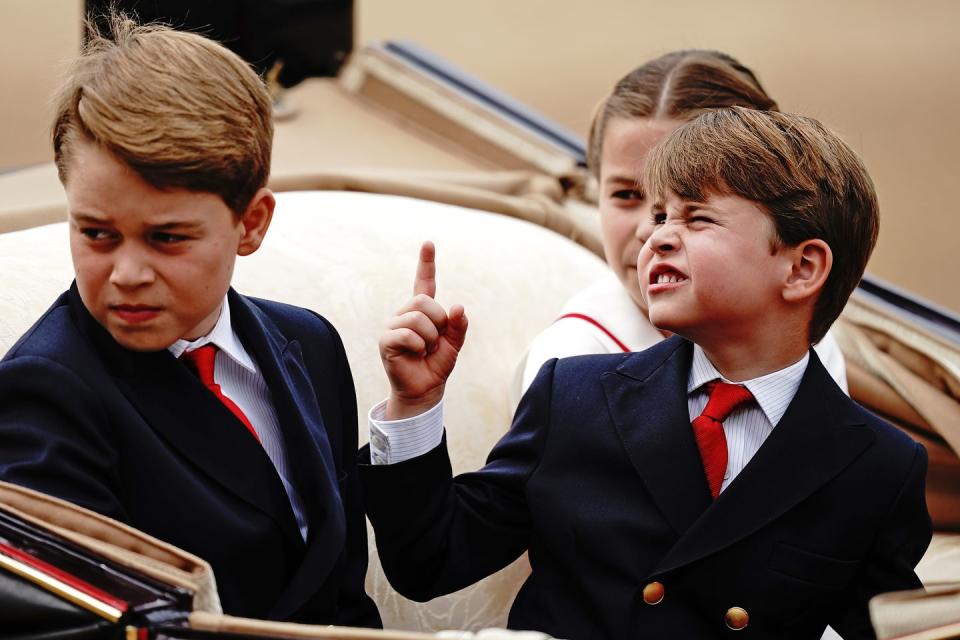 left right prince george, prince louis and princess charlotte during the trooping the colour ceremony at horse guards parade, central london, as king charles iii celebrates his first official birthday since becoming sovereign picture date saturday june 17, 2023 photo by aaron chownpa images via getty images