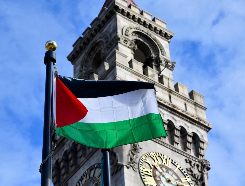 The Palestinian flag flies at Worcester City Hall.