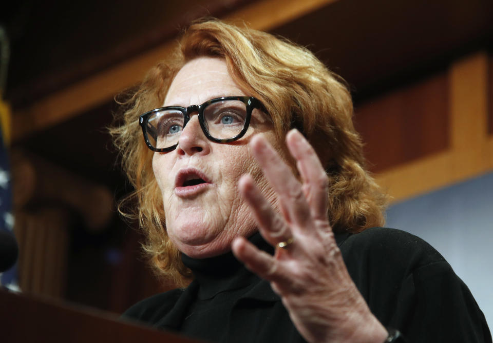 FILE – In this March 14, 2017, file photo, Sen. Heidi Heitkamp, D-N.D., speaks during a news conference on Capitol Hill in Washington. Heitkamp is the only statewide-elected Democrat in heavily Republican North Dakota, where President Donald Trump rolled to a win last year and the GOP is optimistic about knocking out the senator in next year’s midterm elections. (AP Photo/Manuel Balce Ceneta, File)