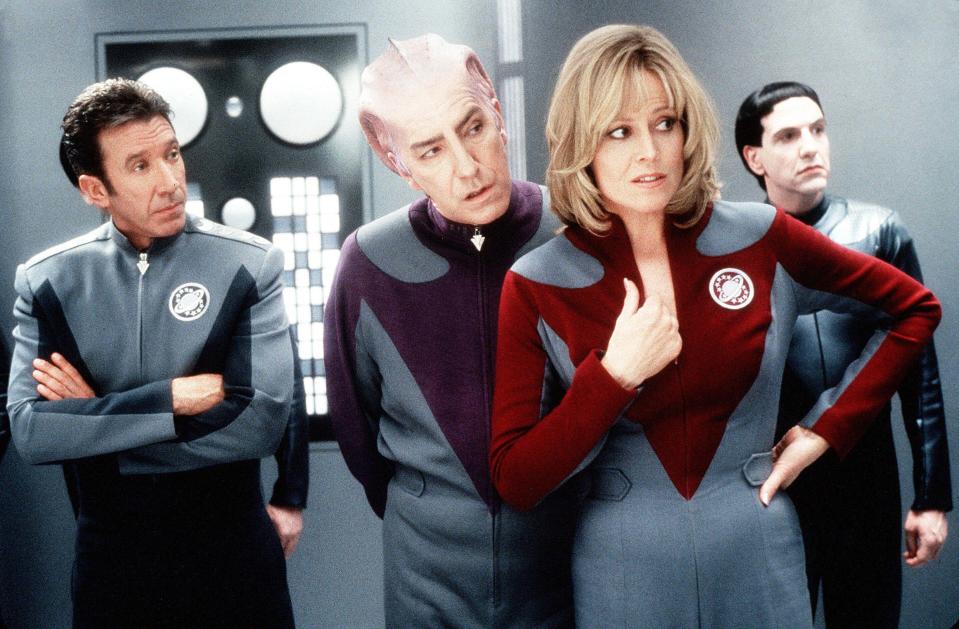 (L to R) Tim Allen as Jason Nesmith, Alan Rickman as Alexander Dane, Susan Sarandon as Gwen DeMarco and Patrick Breen as Breen as Quellek in Galaxy Quest