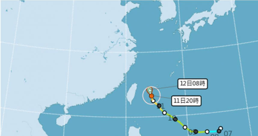 梅花颱風最新路徑預測往北轉北北西行進。（圖／中央氣象局）