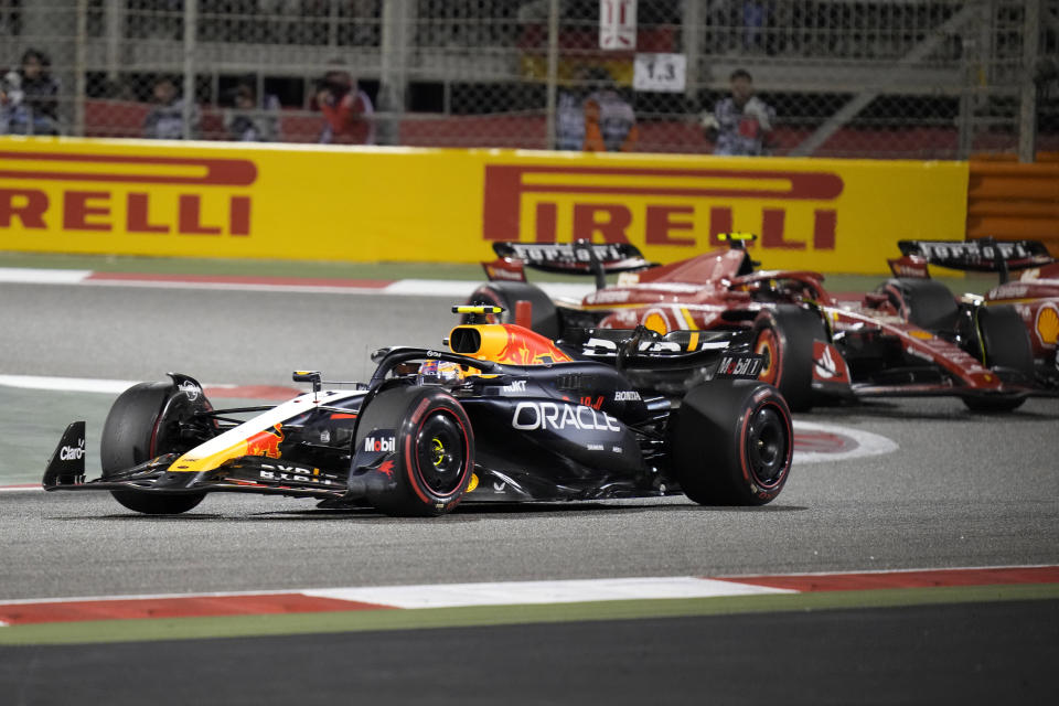 Red Bull driver Sergio Perez of Mexico steers his car during the Formula One Bahrain Grand Prix at the Bahrain International Circuit in Sakhir, Bahrain, Saturday, March 2, 2024. (AP Photo/Darko Bandic)